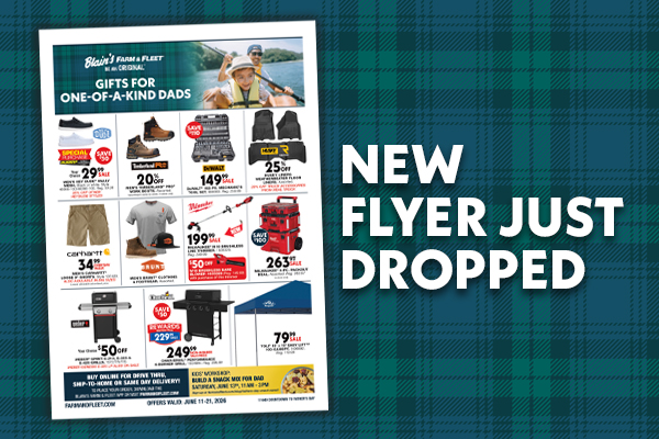 Plaid background with text saying New Flyer Just Dropped with promo flyer for Gifts for One-of-a-Kind Dads