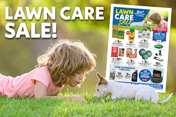 Child and dog in the grass with promo flyer and Lawn Care Sale! text