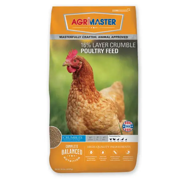 Orange bag of Agrimaster 50 lb Layer 16% Crumbles Poultry Feed