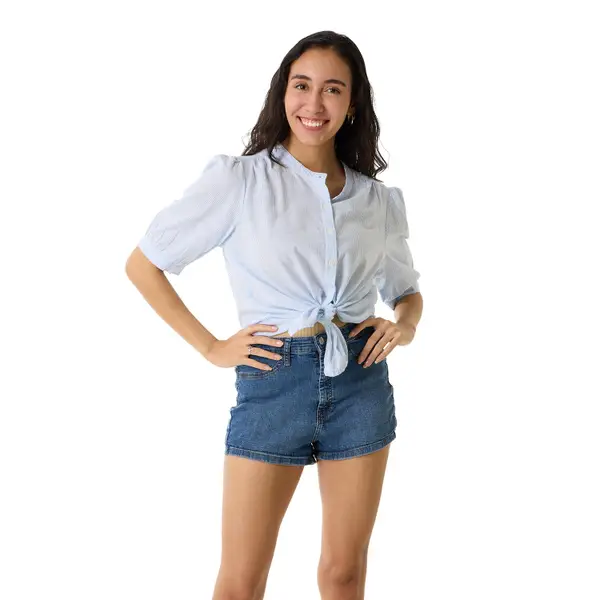 Woman wearing CG CG push sleeve top and jean shorts