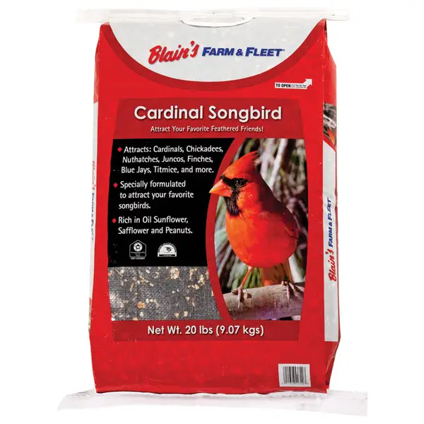 Red bag of Blain's Farm & Fleet Cardinal Songbird Bird Seed, Attracts Songbirds