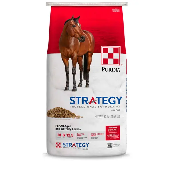 Bag of Purina Animal Nutrition 50 lb Strategy Professional Formula GX Horse Feed