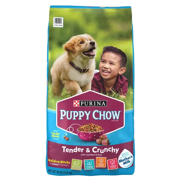 Blue bag of Purina Puppy Chow Tender & Crunchy Dog Food 30 lb, 30% More Protein