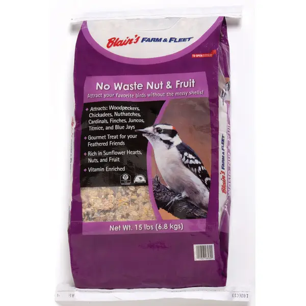 Purple bag of Blain's Farm & Fleet No Waste Nut & Fruit Bird Seed, 15 lb, Shell-less Formula