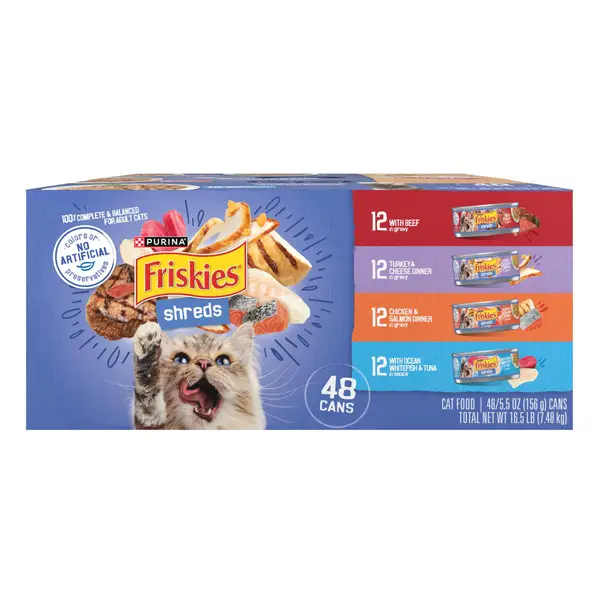 Variety pack of Friskies 48-Count 5.5 oz Shreds Variety Pack Wet Cat Food