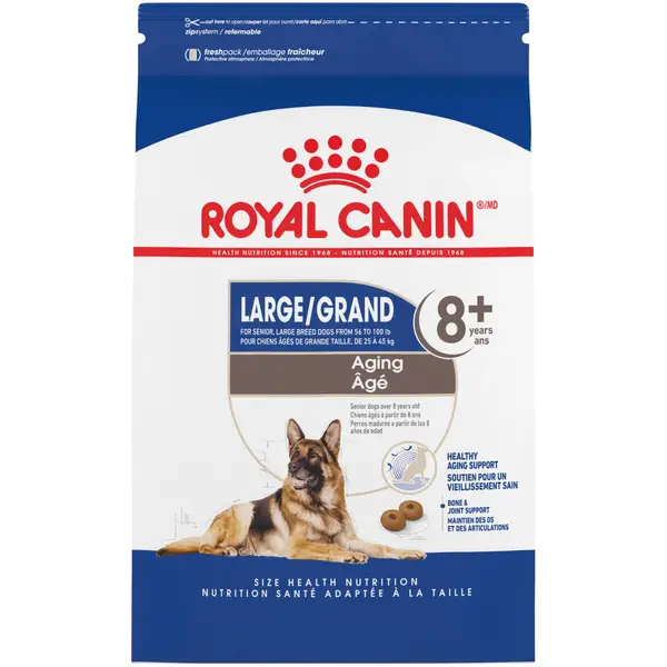 Blue bag of Royal Canin Large Aging 8+ Dry Dog Food, 30 lb for Senior Dogs