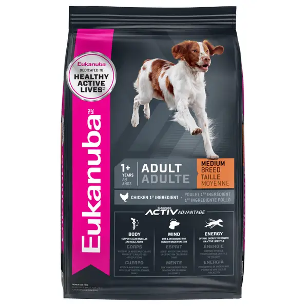 Grey bag of Eukanuba 40 lb Adult Medium Breed Dry Dog Food