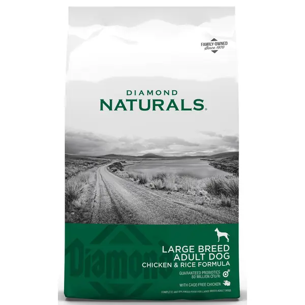 Grey and green bag of Diamond Naturals Dog Chicken and Rice Large Breed Adult Food 40 lb, Cage-Free Chicken Nutrition