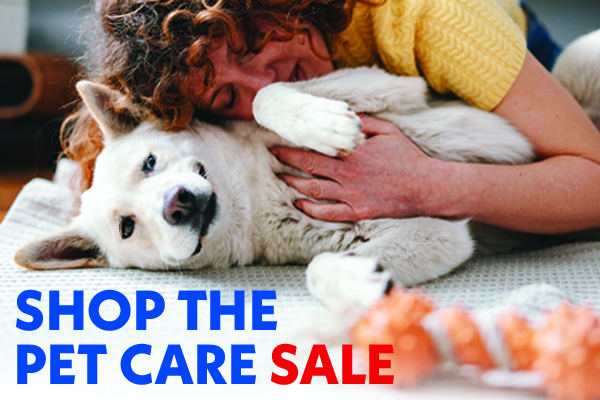 Woman and dog playing with text Shop the Pet Care Sale