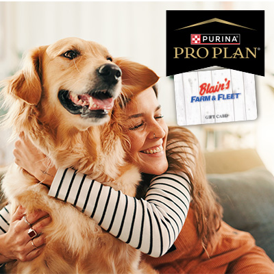 Dog and woman on couch with Pro Plan logo and Blain's Gift Card