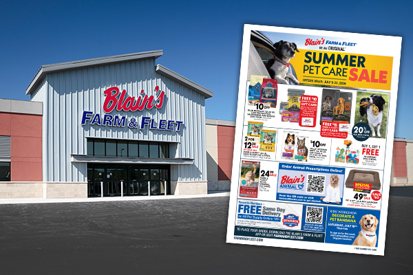 Blain's storefront with Summer Pet Care Sale flyer