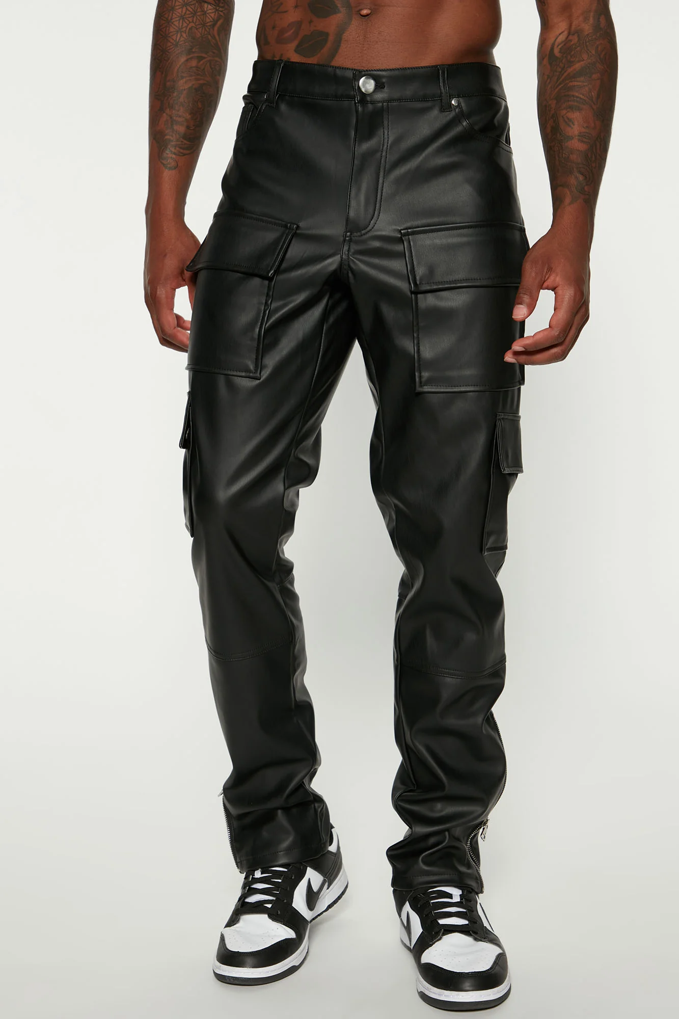 Image of Zip It Faux Leather Slim Cargo Pants - Black