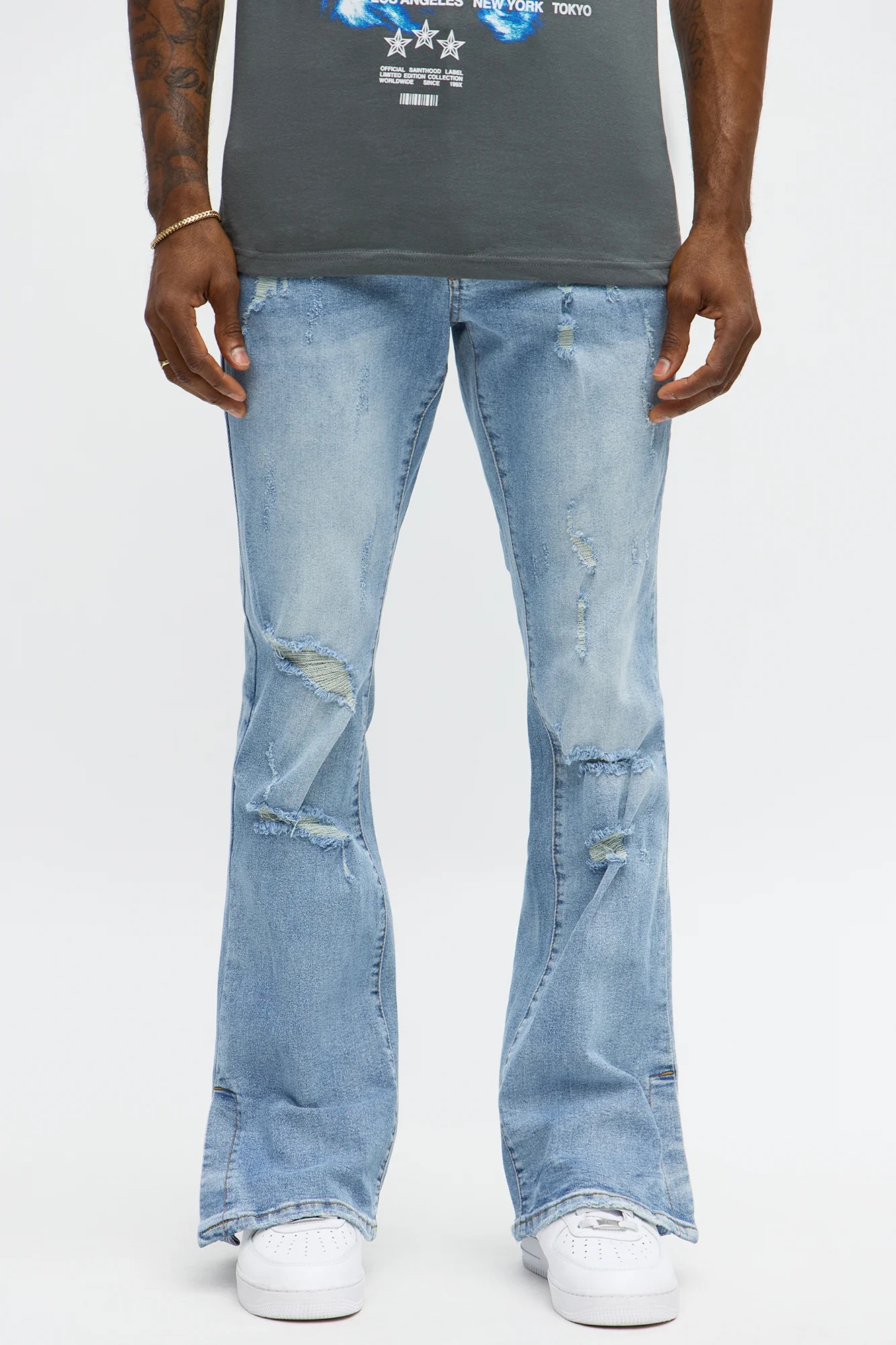 Image of Stacked Skinny Flare Slit Rebel Against Distressed Jean - Light Wash