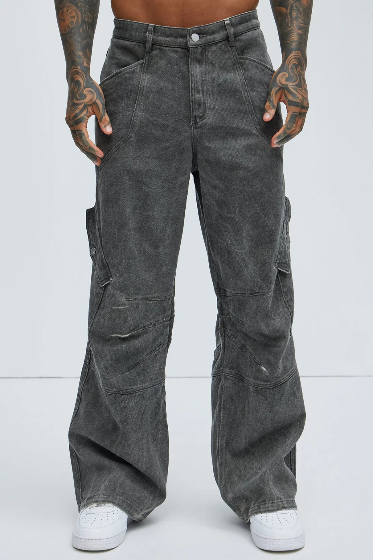 Image of Overdyed Utility Baggy Cargo Pants - Grey