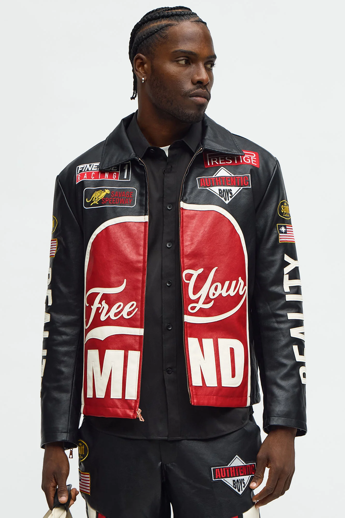 Image of Free Your Mind Faux Leather Racing Jacket - Black/combo