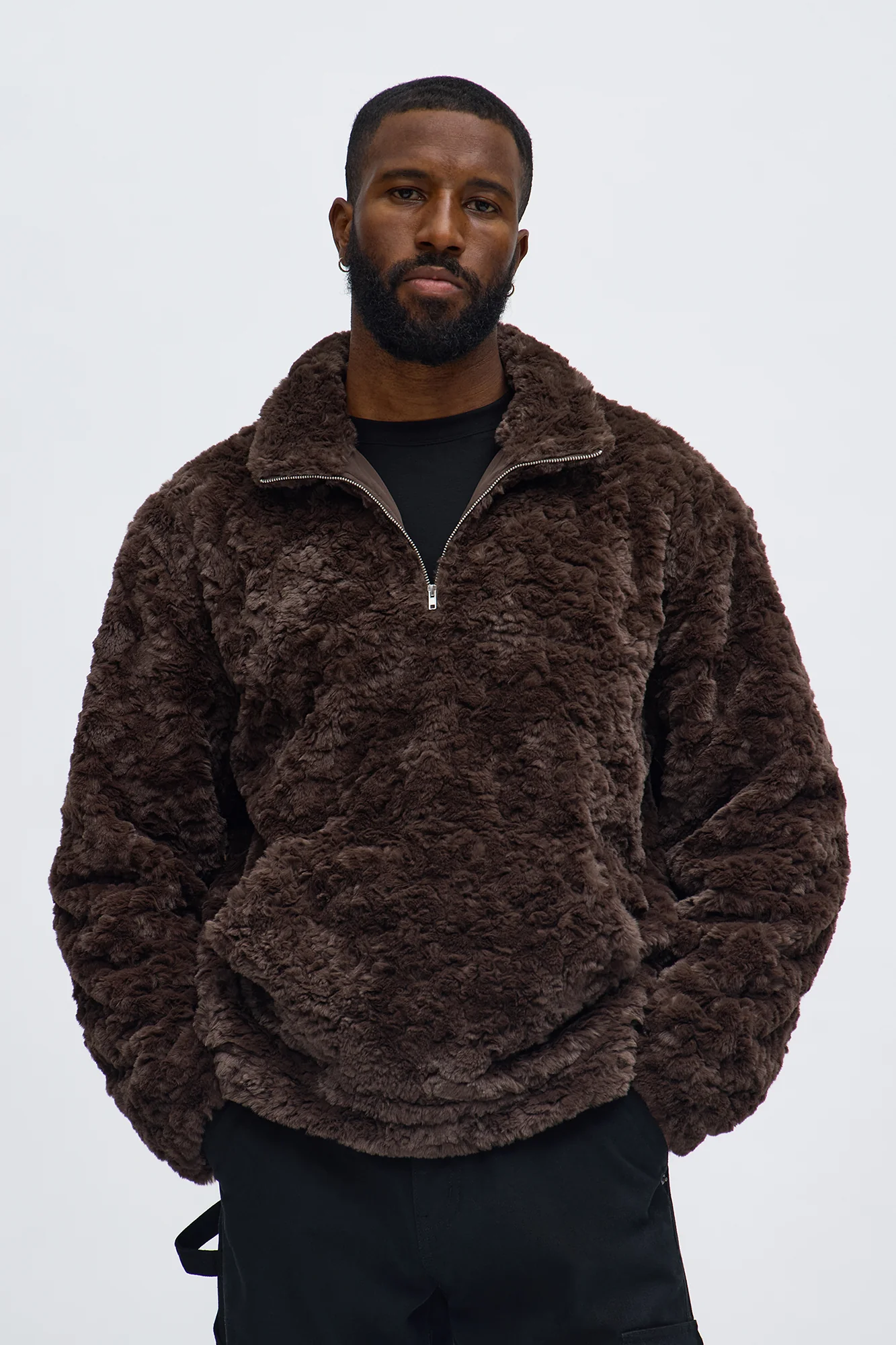 Image of Relaxed Quarter Zip Faux Fur Jacket - Brown