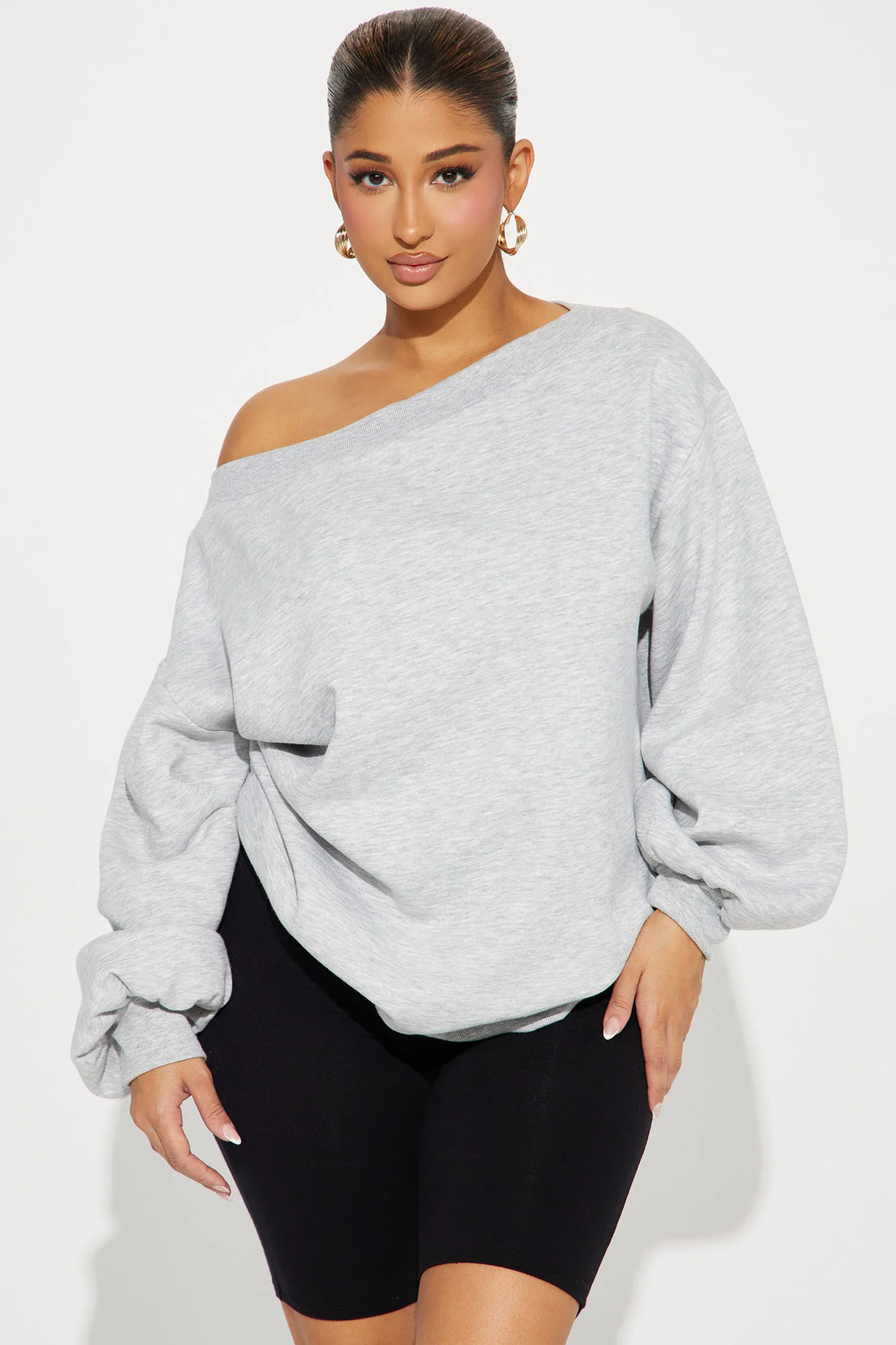 Image of Vera Off Shoulder Oversized Sweatshirt - Heather Grey
