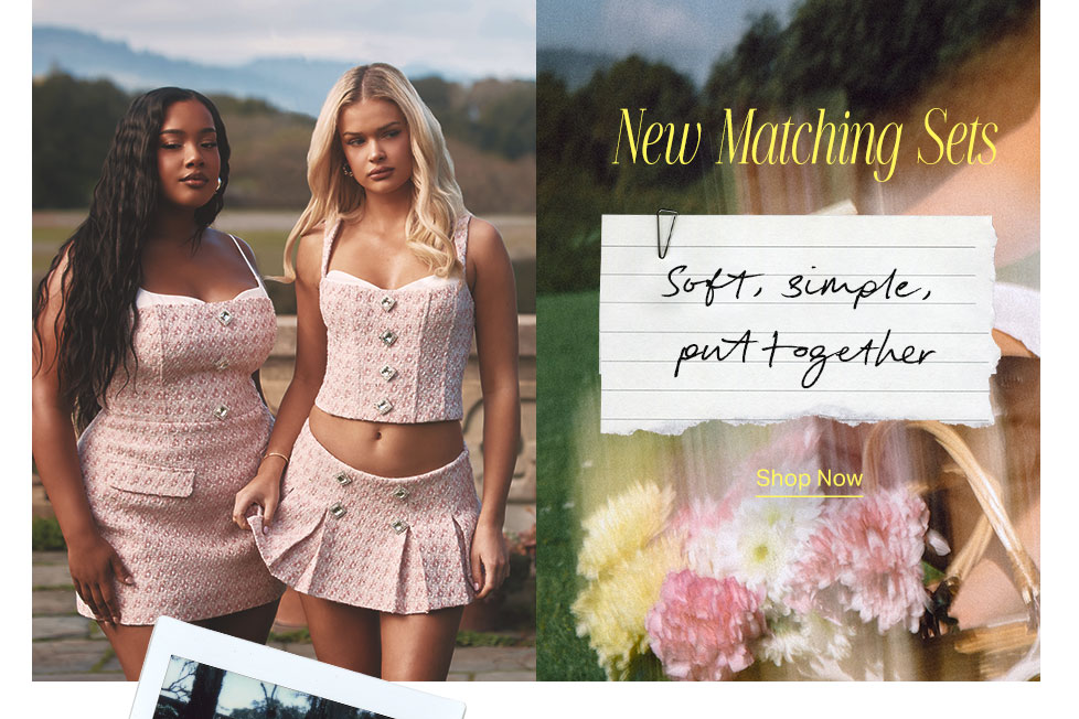 Two women in stylish new light pink matching sets featuring sparkly buttons, promoting soft, simple, put-together fashion looks.