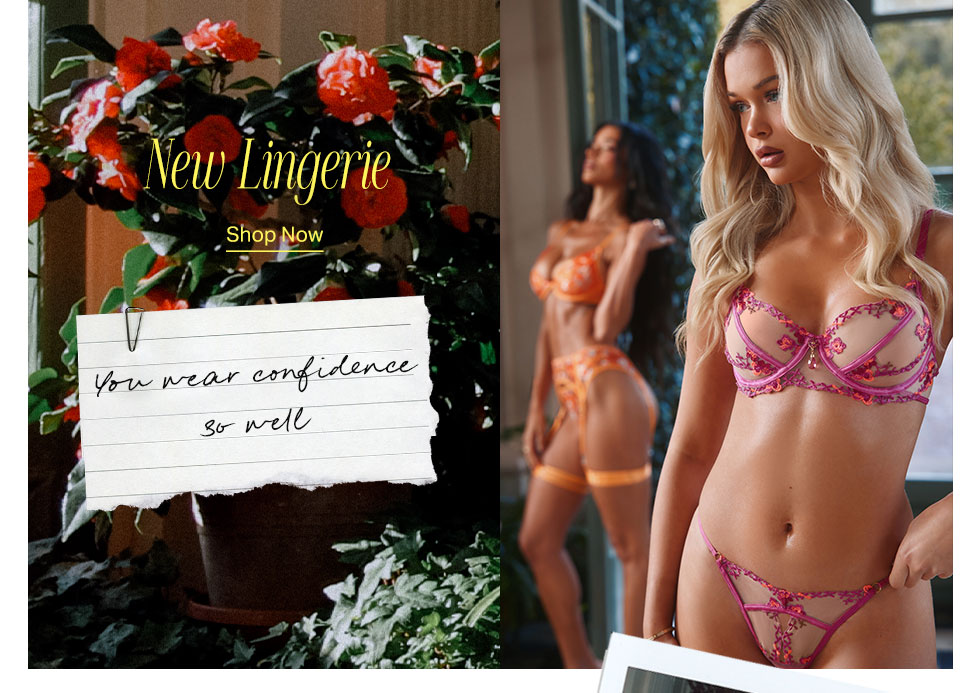 New Lingerie Collection banner: blonde model in sheer pink embroidered bra & thong; brunette in orange set. Red flowers and 'Shop Now' promote new styles.