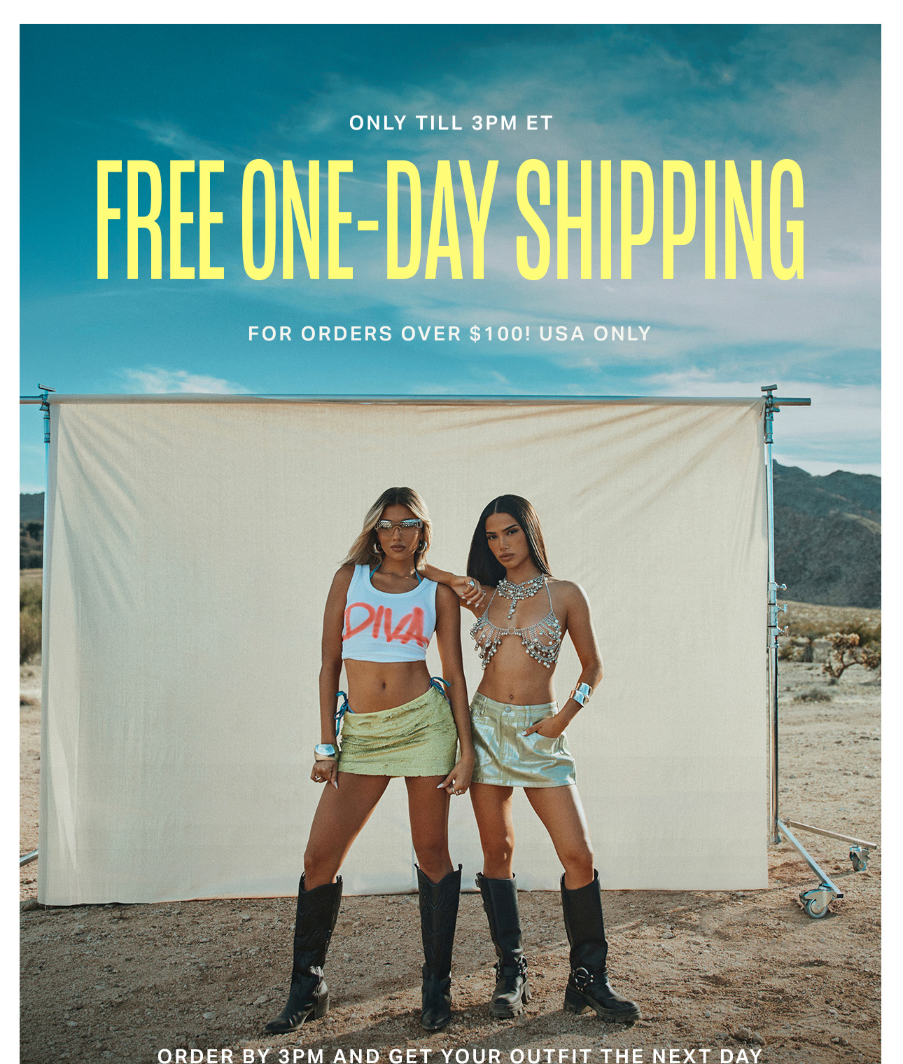 Two stylish women model chic outfits in the desert. Get free one-day shipping on women's fashion orders over $100 for quick delivery.