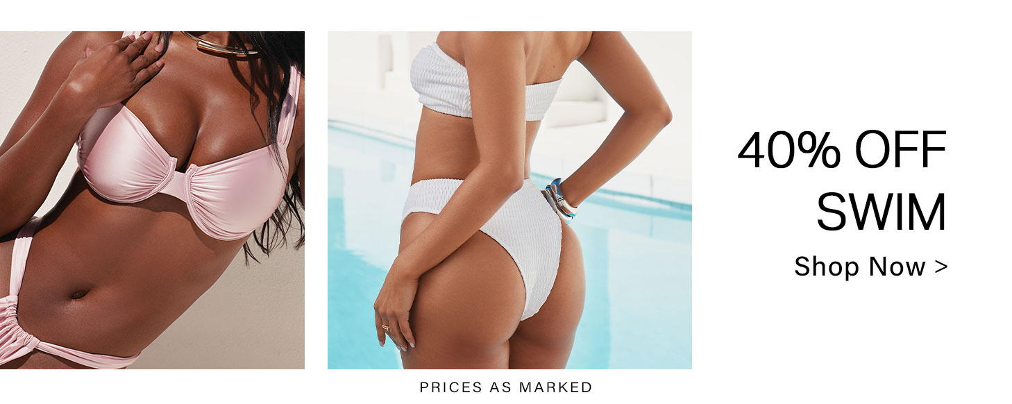 Pink underwire bikini and white textured strapless bikini modeled for a 40% off swim sale. Shop stylish swimwear now!