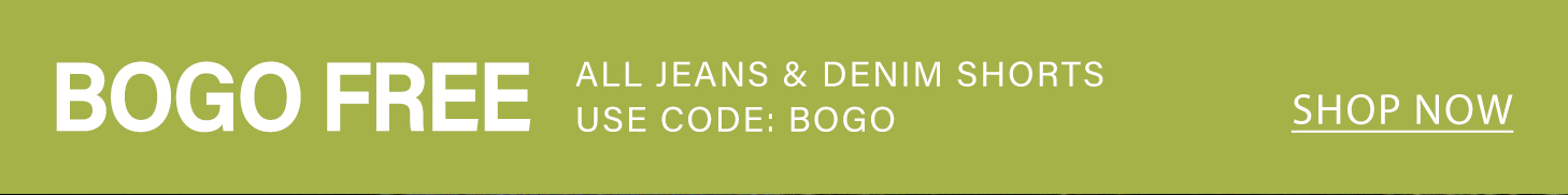 Vibrant green banner with bold white text: "BOGO FREE" for all jeans and denim shorts. Apply "BOGO" code to shop the sale now!