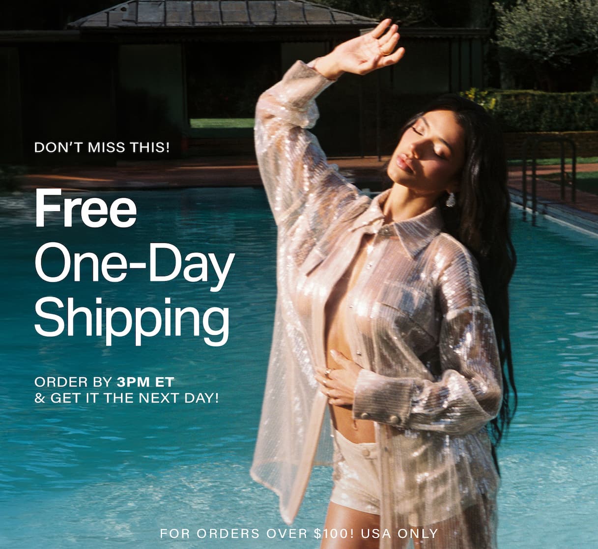 Beige sequin resort wear modeled by a woman by a pool, shielding sun. Promotes free one-day shipping for stylish women's fashion.