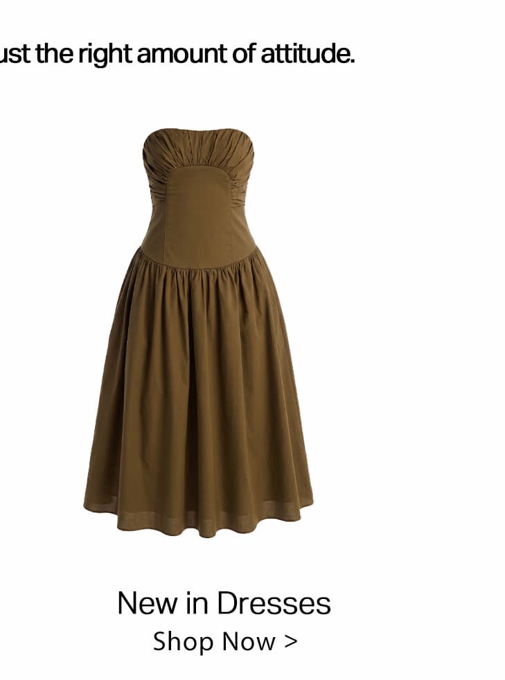 Stylish olive green strapless midi dress features a ruched bodice and full flowing skirt. Discover new women's dresses in our latest collection.
