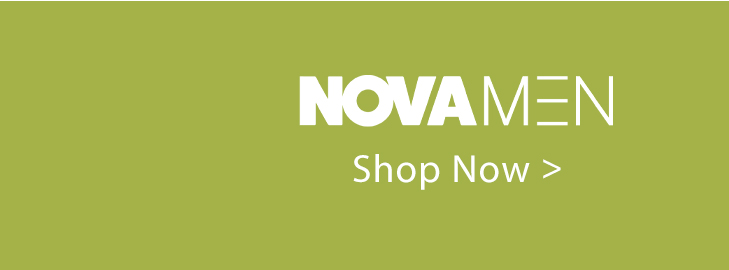 White NOVA MEN logo and 'Shop Now' on a vibrant lime green background, inviting customers to explore the latest men's clothing and fashion.