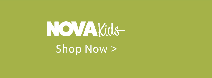 Nova Kids logo in white, with a "Shop Now" call to action, on a muted green background. Discover our latest children's clothing collection.