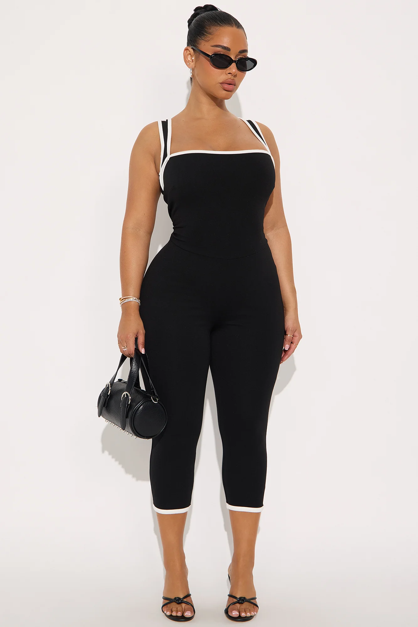 Image of His Loss Contrast Trim Capri Jumpsuit - Black/White