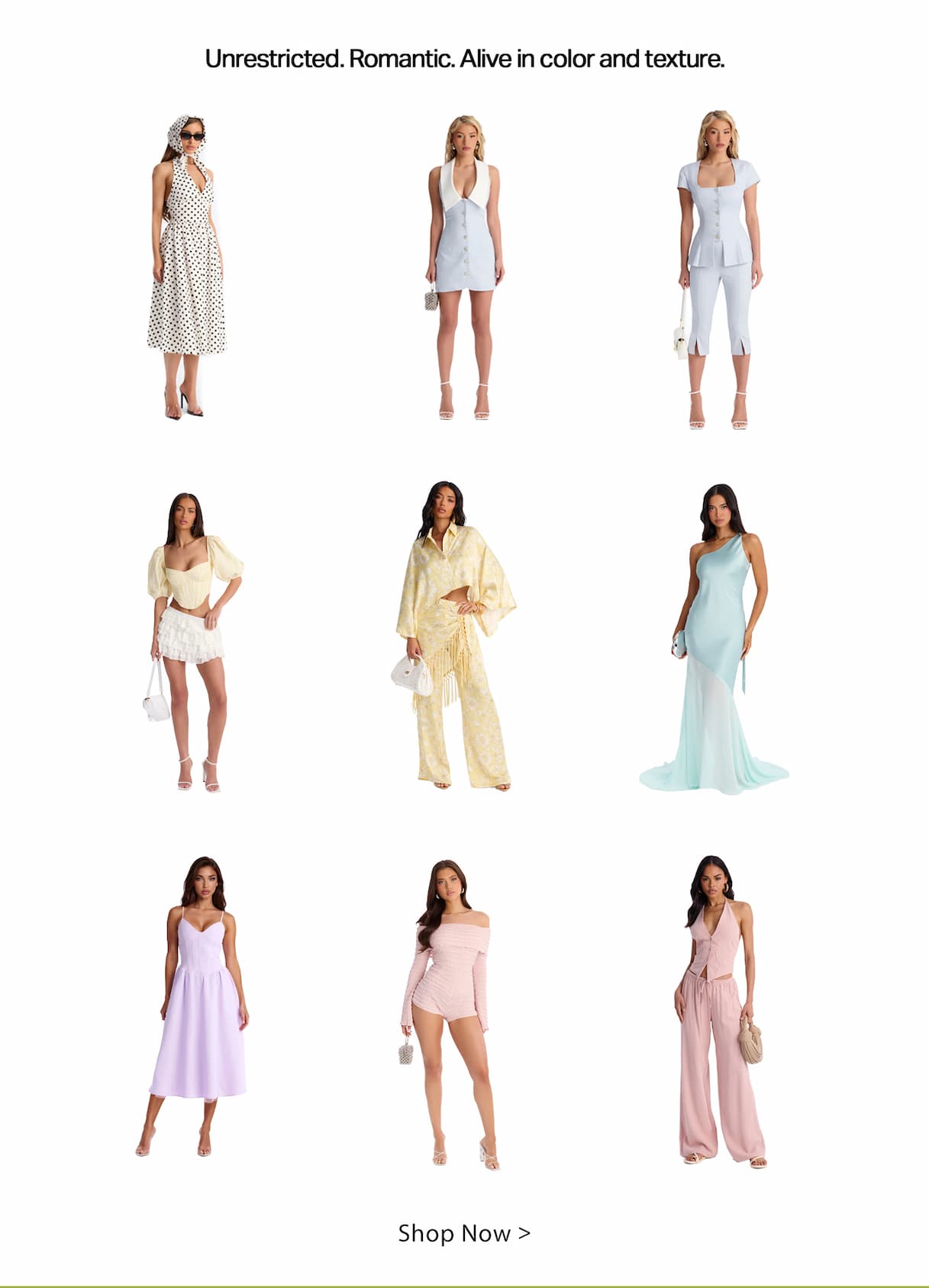 Nine models showcase a romantic new fashion collection. Diverse stylish outfits feature soft colors, varied textures, including dresses and sets. Shop new arrivals.