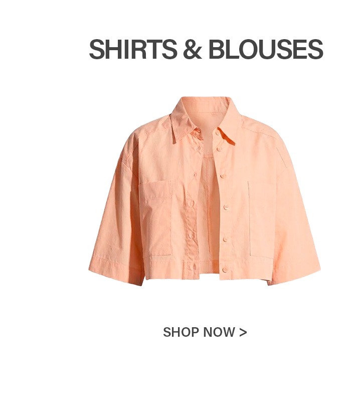 Cropped peach button-up shirt with short sleeves and two front pockets, promoting the latest shirts and blouses collection. Shop now.