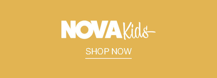 White "NOVA Kids" logo with "SHOP NOW" call to action, underlined, on a mustard yellow banner. Discover the newest kids' fashion.