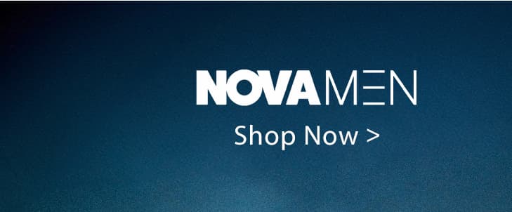 NOVAMEN brand logo in prominent white text, centered on a dark blue gradient background, urging users to shop men's clothing and accessories.