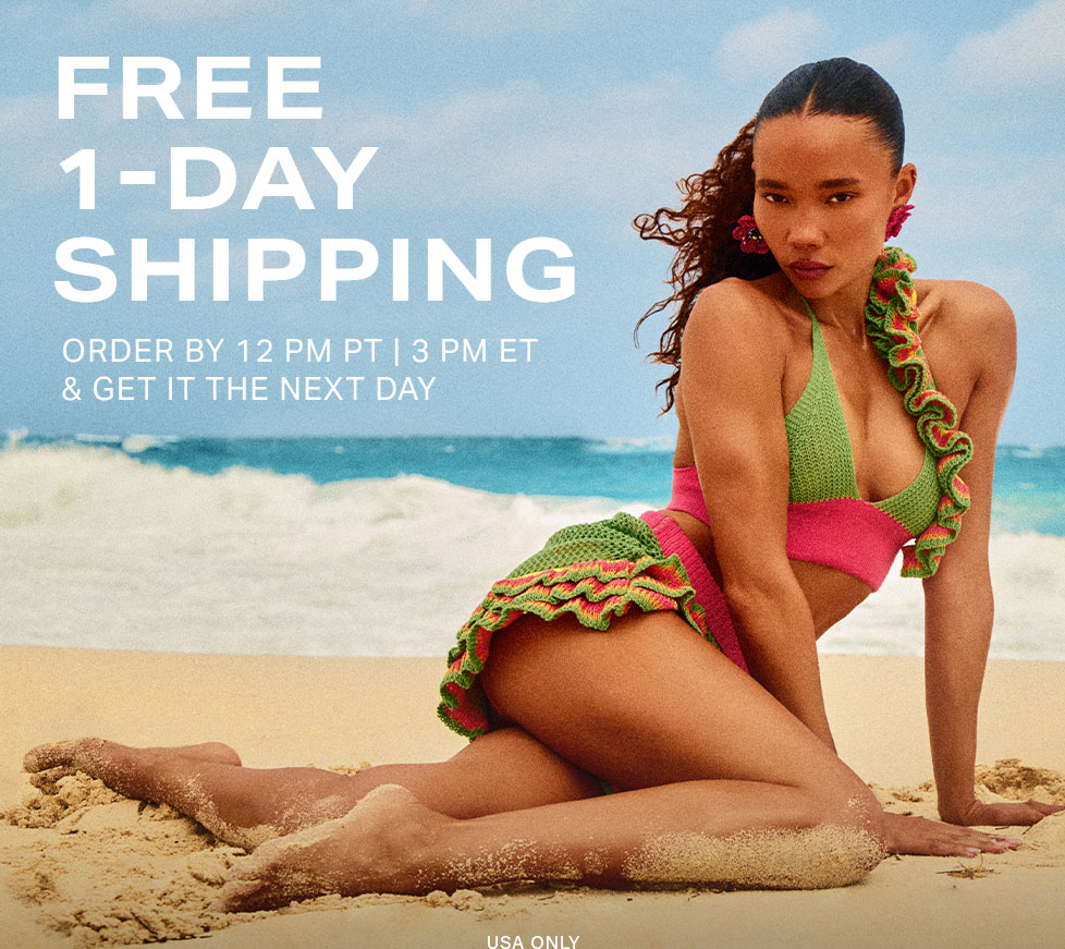Woman in vibrant pink and green crochet bikini on a beach, promoting FREE 1-DAY SHIPPING on trending swimwear. Order by 12 PM PT.