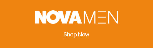 White 'NOVA MEN' branding and 'Shop Now' call-to-action on an orange background, promoting men's fashion and apparel.