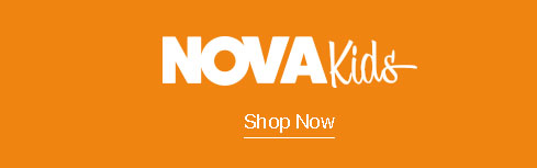 White "NOVA Kids" logo on a vibrant orange background with "Shop Now" call to action. Discover trendy kids' clothing and children's apparel.