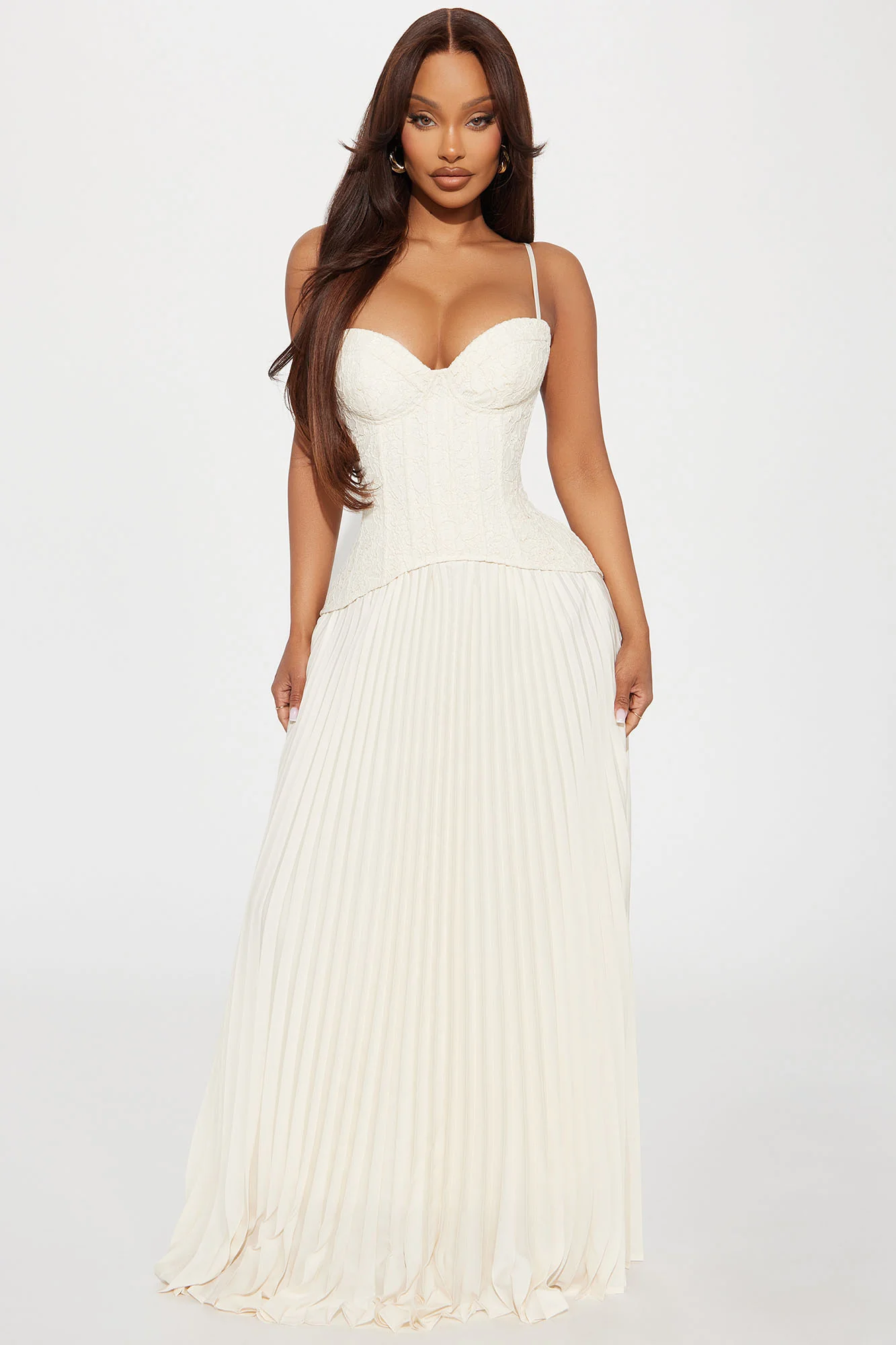 Image of Daniella Lace Corset Pleated Maxi Dress - Cream