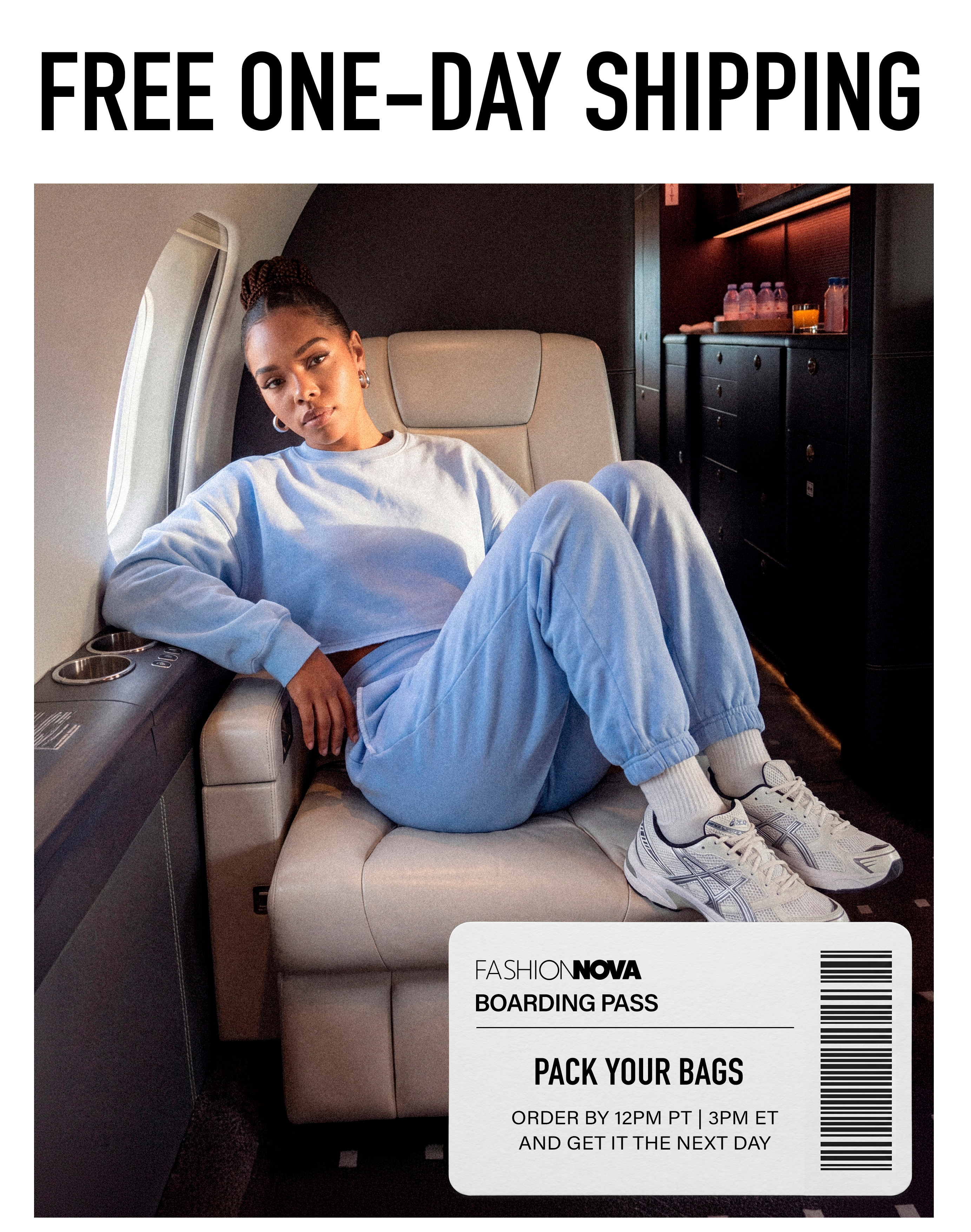 Fashion Nova model in blue loungewear on private jet. FREE ONE-DAY SHIPPING. Order by 12 PM PT for next-day delivery.