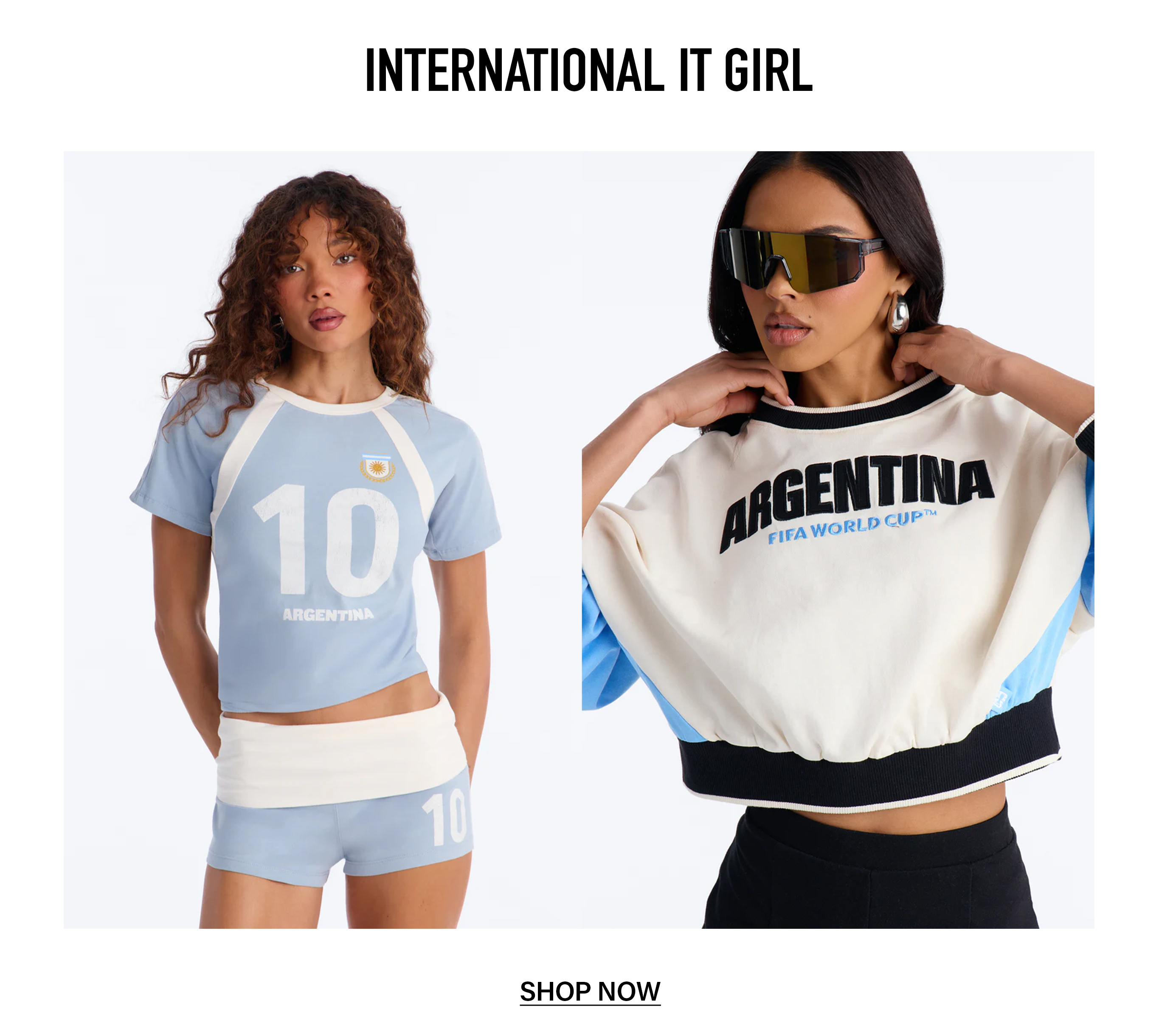 Women's Argentina FIFA World Cup fashion. Crop tops, shorts, sweatshirt in sky blue & cream. Trendy athleisure & sportswear.