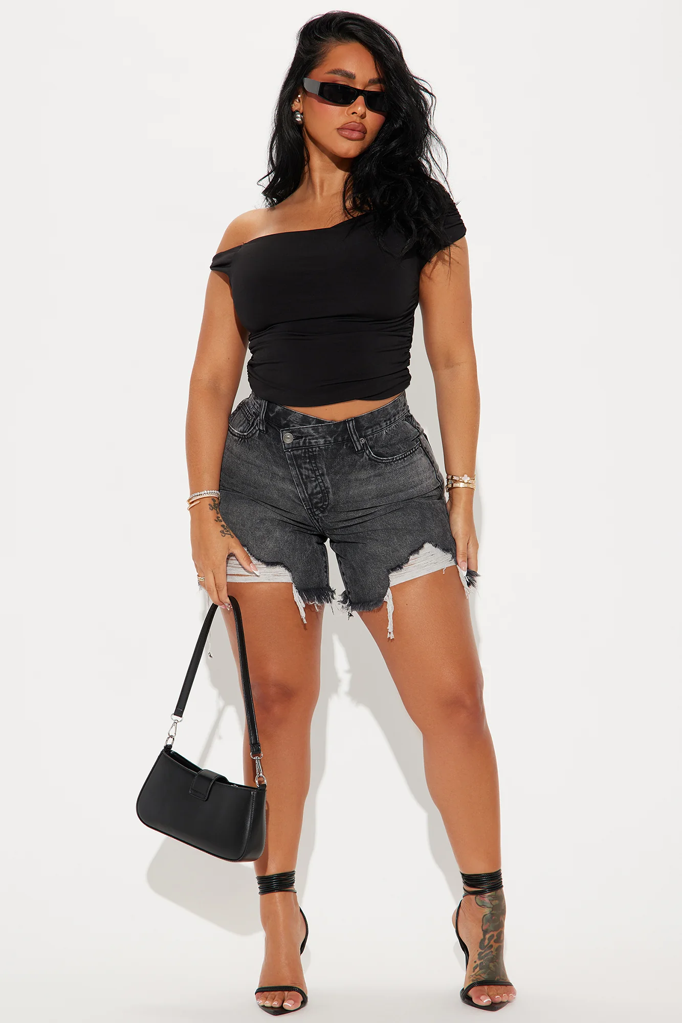 Image of At A Glance Crossover Denim Shorts - Grey
