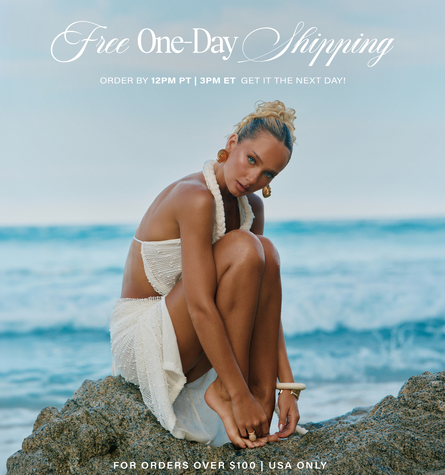 Free 1-Day Shipping (USA $100+ orders) by 12PM PT/3PM ET. Woman in white beach outfit on rocks by ocean.