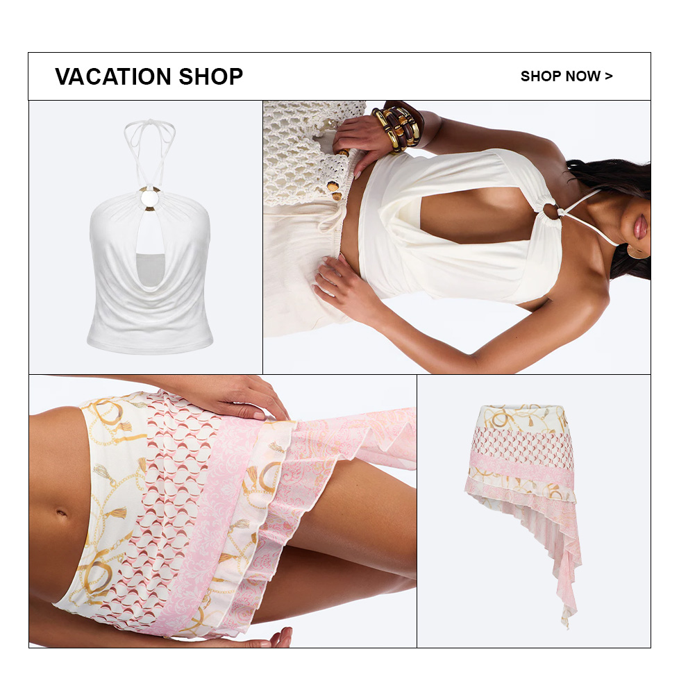 White halter top with gold ring and a pink & white patterned mini skirt with ruffles. Explore the stylish new vacation shop collection.
