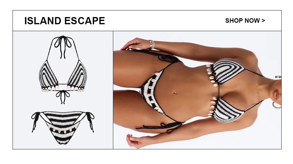 Striking black & white striped crochet bikini set with cowrie shells, displayed as a product and worn by a model. Explore our Island Escape swimwear collection.