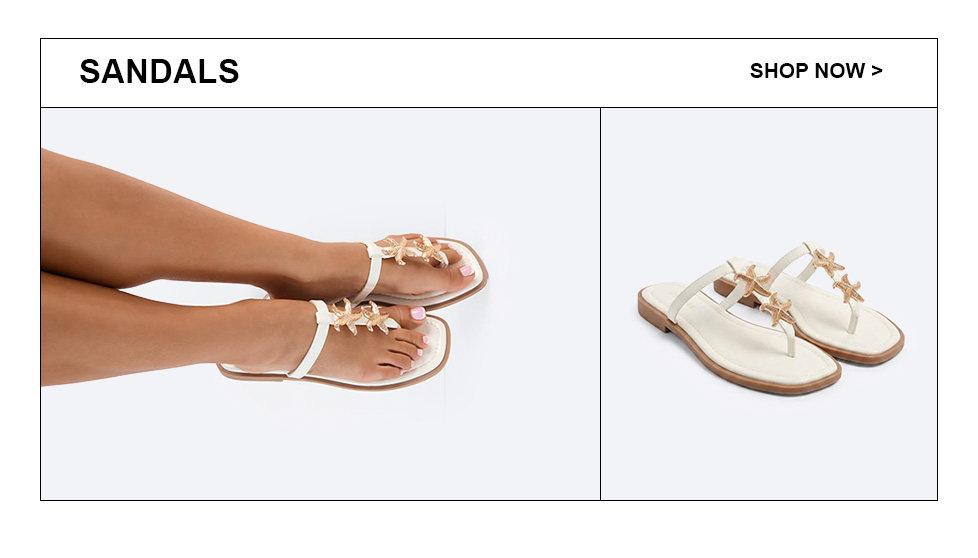 White flat sandals with golden starfish embellishments, one pair on feet, another neatly displayed. Discover women's sandals for summer.