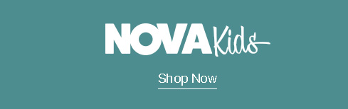 White NOVA Kids logo on a teal banner with a 'Shop Now' call to action, promoting stylish children's clothing and apparel.