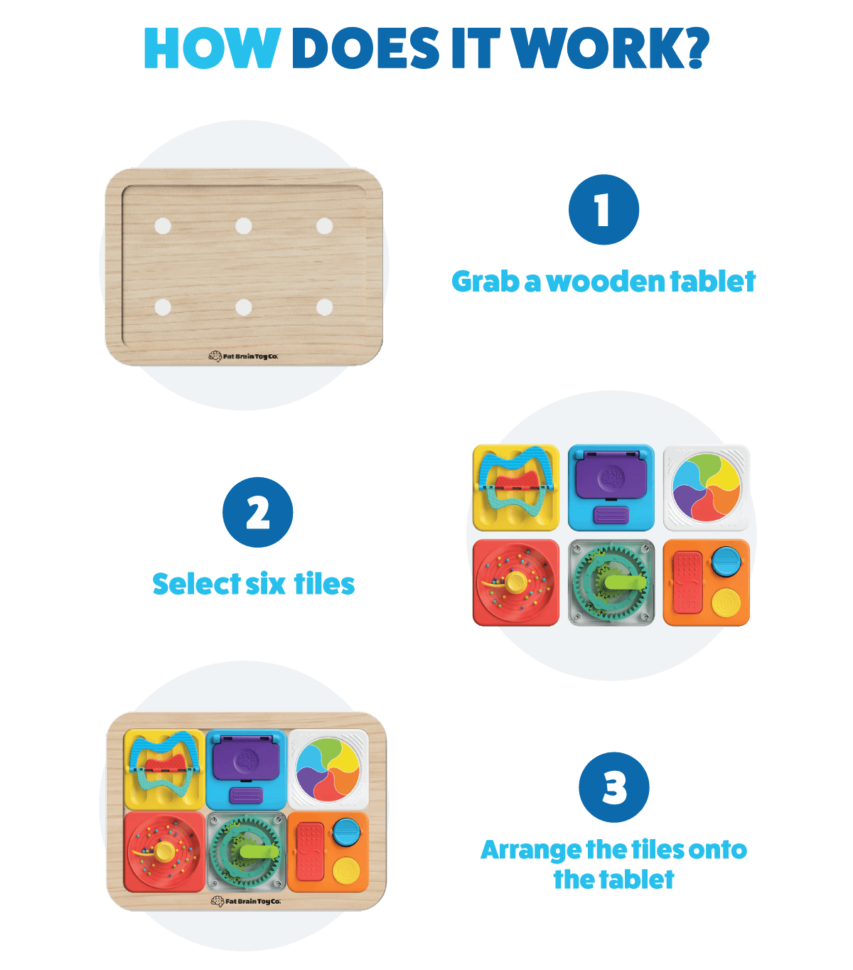 How does it work? 1. Grab a wooden tablet. 2. Select six tiles. 3. Arrange the tileso nto the tablet!