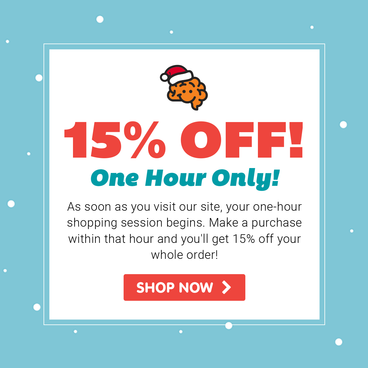 15% Off! One Hour Only! As soon as you visit our site, your one-hour shopping session begins. Make a purchase withing that hour and you'll get 15% off you whole order! Shop Now!