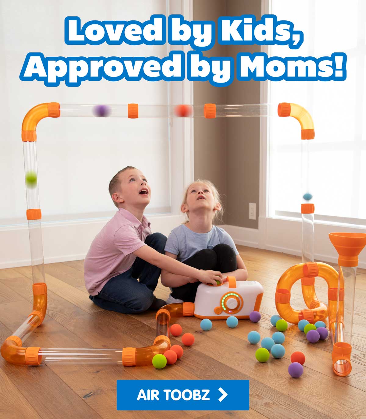 Animated GIF showing PlayTab for Ages 1+, Pretendables School Desk for ages 3+, and VolleyShot for the ages 8+ with the headline Happy Birthday, February Babies! - Shop Birthday Gift Ideas